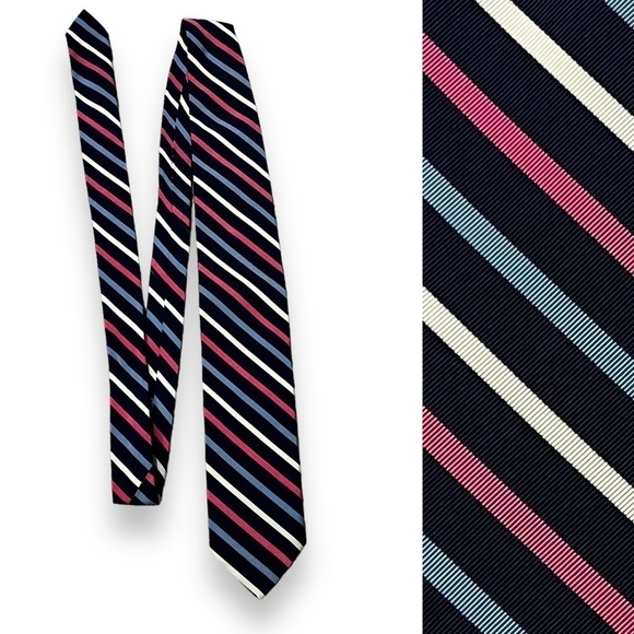 Breuer Silk Cotton Tie Navy Pink White Stripes Preppy Academia Classic - Picture 1 of 7